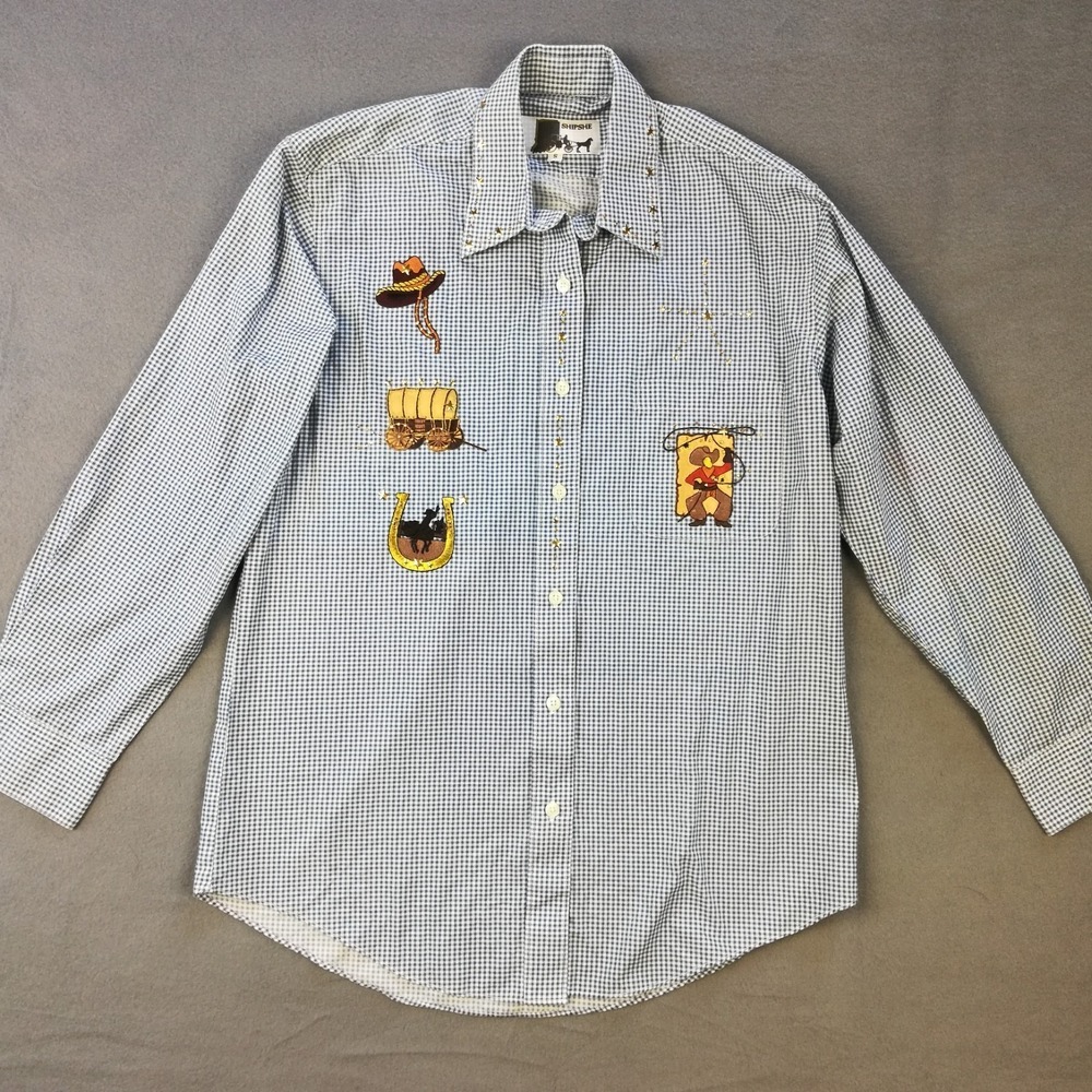 Shipshe Womens Shirt Western Embroidered Blue White Gingham Button Up S